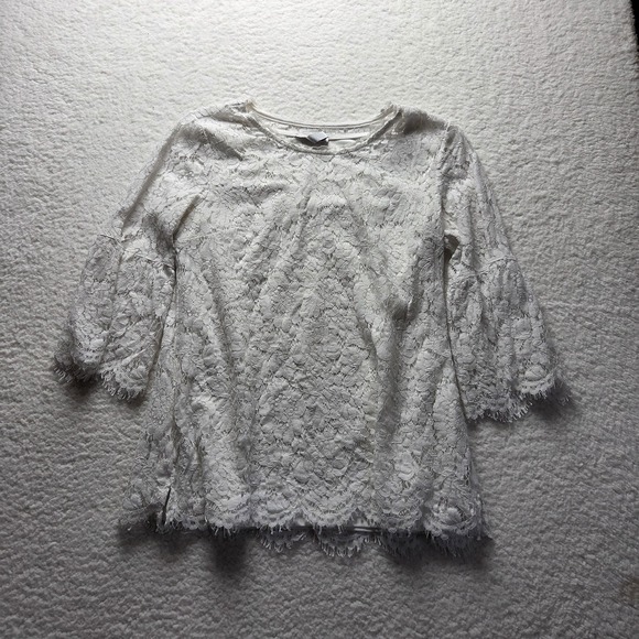 Isaac Mizrahi Live! Tops - Isaac Mizrahi Live! Blouse Womens Small White Round Neck 3/4 Bell Sleeve Lace